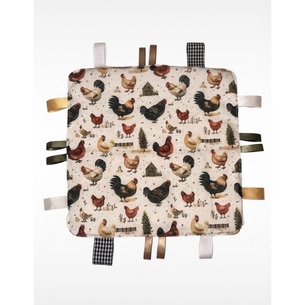 Handmade Sensory Tag Blanket - Farmhouse Chicken & Rooster Print Lovey